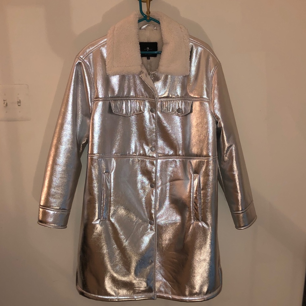 7 For All Mankind Los Angeles Metallic Silver Faux-Shearling Collar Trench Coat